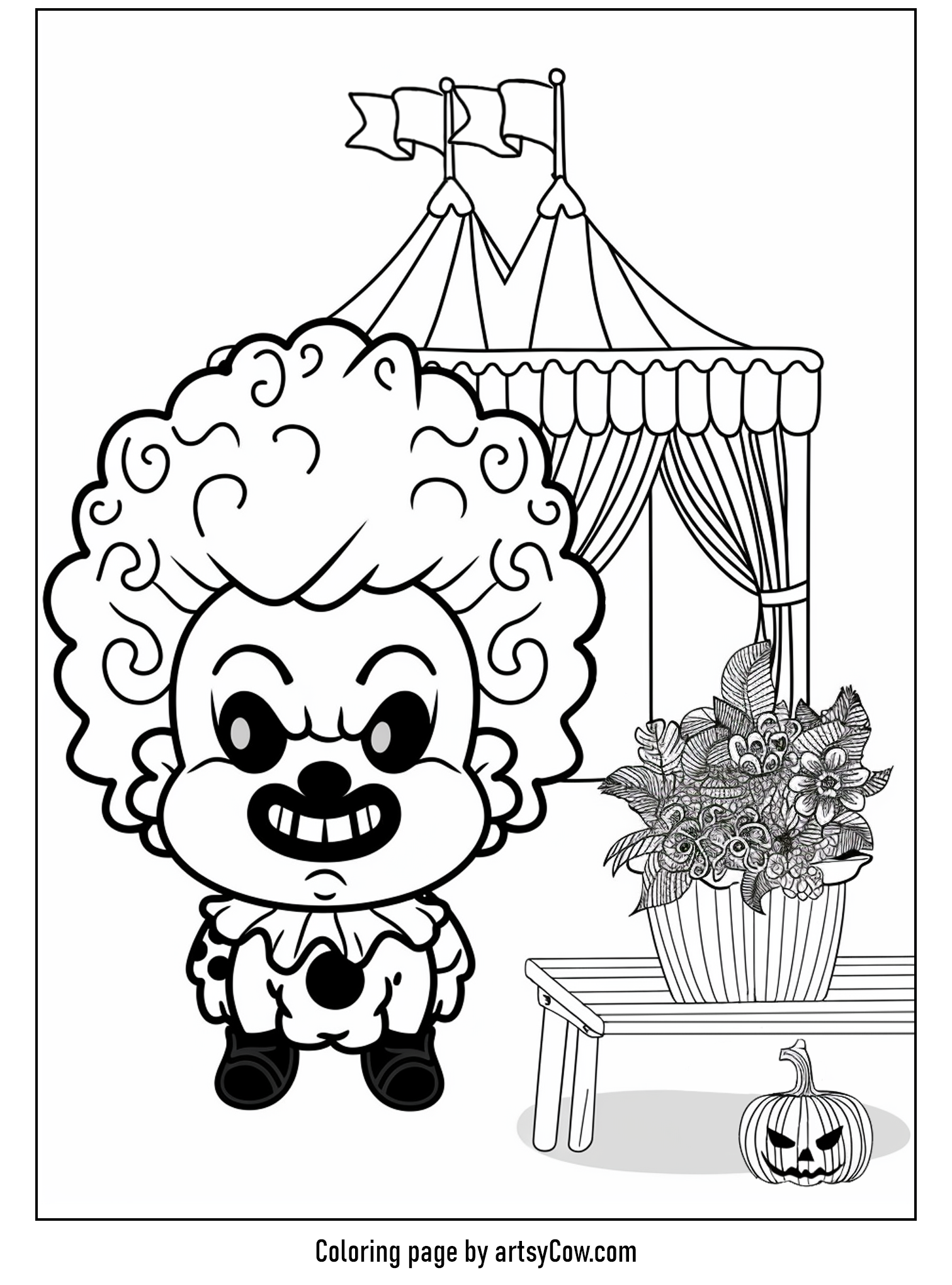 a creepy clown and circus tent